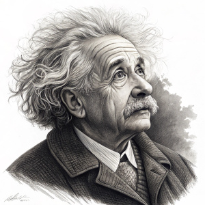 A detailed charcoal drawing of Albert Einstein, highlighting his iconic wild hair and mustache. Set against a blank canvas background, the sketch captures the essence of the renowned physicist.