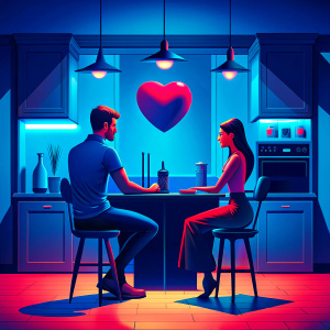 two lovers sitting in the kitchen
