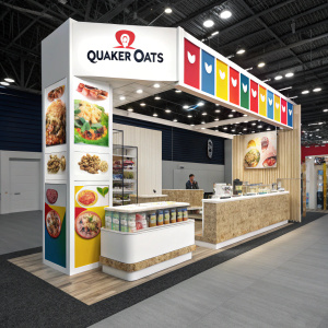 A vibrant Quaker Oats booth at a food expo. Modern design with sleek packaging and colorful branding.