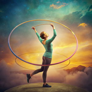 person hula hooping with question mark above their head. Change what she is holding to a question mark
