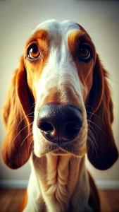 A dog with a very  long nose like Pinocchio. Illustration. Long shot. Natural lights.