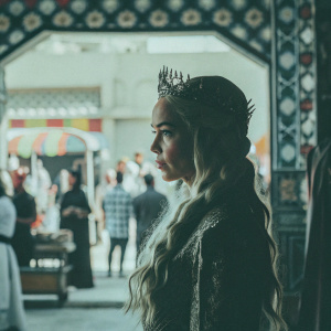 Serious portrait of Daenerys Targaryen from Game of Thrones. Wearing elaborate crown, her long hair styled in a complex braid. The setting shifts to a bustling market scene, with vibrant colors and intricate patterns. The background features a diverse crowd and exotic market stalls.