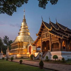 Golden pagoda and intricate temple structure illuminated at Wat Phra Singh in Chiang Mai, Thailand. Warm lighting creates a serene atmosphere.