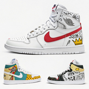 Digital ad showcasing Nike's Basquiat-inspired adaptive shoe design. Various angles, minimal background