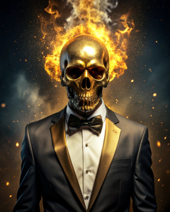 effect, photoshop action, realistic golden skull with human body in tuxedo gold on head, flames of fire, sparks, dust, explosion, effect, quality xd, 