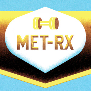 MET-Rx logo design. Against black background. Brand name in bold, modern font. Icon features stylized muscle symbol. Color scheme: black and bright green for emphasis. Clean, modern design with strong brand recognition.