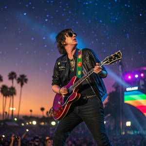 Julian Casablancas, frontman of The Strokes, performs on stage at Coachella. Vibrant crowd in the background.