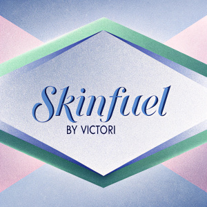 Logo for Victori's SkinFuel, a modern and creative design with green and pink hues. Text in elegant script: SkinFuel BY VICTORI, emphasizing nature and femininity.