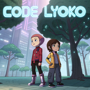 Yumi Ishiyama and Ulrich Stern from 'Code Lyoko'. They stand in a futuristic virtual world with digital trees and buildings. The words 'Code Lyoko' float above them in neon letters.