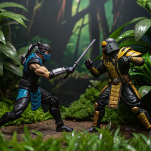 Two Mortal Kombat action figures, set amidst a dense, lush jungle backdrop. Close-up view of the figures engaged in a battle stance, showcasing detailed armor and weaponry.