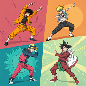 Digital artwork collage of anime characters. Each character in unique dynamic pose. Mixture of sketch and high-resolution images. Bright, colorful backgrounds. Dynamic and vibrant.