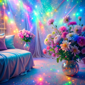 close bedroom flowers  ultra intense crystal effect glitter light color pastel sunset glowing effect  Photoshop Photo Manipulations  Holographic liquid Patent Spandex Vinyl   Dreamscape     very much glitter sparkly fantasized glam Sprinkle Shimmering Bioluminescent fairytale masterpiece  Magical   Shimmering   Ultra iridescence UV Glow Rainbow