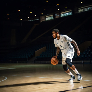 Trey Thompkins, wearing a Real Madrid warm-up jersey, practicing intense dribbling drills on an empty court.