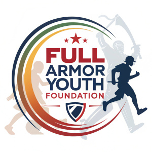 Modern logo for Full Armor Youth Foundation. Centered circular emblem with vibrant colors. Bold typography for 'FULL ARMOR YOUTH FOUNDATION'.