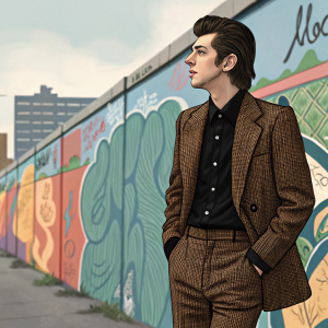 Alex Turner in a vintage style, standing in front of a colorful graffiti wall. Dressed in a brown tweed suit and black button-up shirt.