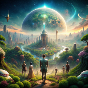 an ideal world where all people and animals are spiritually developed, where everyone loves each other, people are very beautiful, slender, where peaceful animals, very beautiful alien nature, alien plants, developed cities and advanced technologies