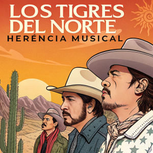 Album cover for Los Tigres del Norte's 'Herencia Musical'. Vibrant colors, cowboy hat, desert landscape background.