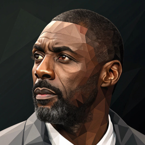 Digital portrait of Idris Elba. Angular, low-poly style. Focused expression. Dark background