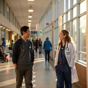 Dr. Ethan Choi and Emily from 'Chicago Med' in a bustling hospital corridor. Sunlight streams through large windows. Patients and staff visible in the background.