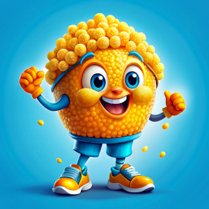 cartoon futuristic sports character - grain of corn popcorn in different poses, kind, cute, cheerful. drawing with colored pencils on a white background