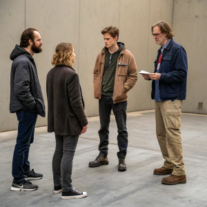 The cast of Locke & Key, including Bill Skarsgård, standing on a grey concrete floor. Casual attire, discussing scenes.