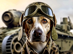 a dog in a tankman's hat