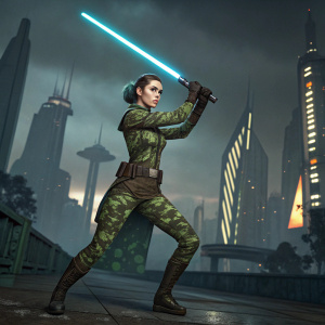 Aayla Secura inspired female character, wielding a lightsaber, striking a powerful pose. She wears a green and brown camouflage outfit. Dark futuristic cityscape in the background