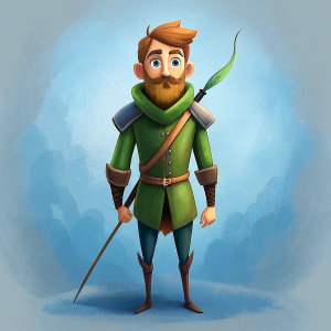 full body 25 year old hunter  with small beard, a sword, a bow, similar to Robin Hood using Anna Lang's illustration style