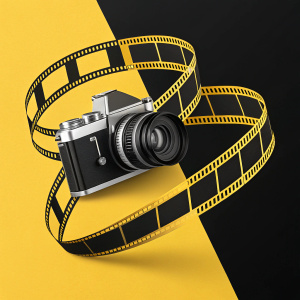 Gamarra Films logo featuring a sleek film camera in the center. Wrapped by thin, elegant film strips. Modern and bold design, minimalistic black and yellow color scheme.
