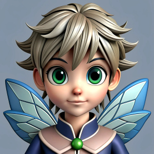 Design me a character and let it be like a fairy. Have very beautiful eyes. He has many different clothes and wings