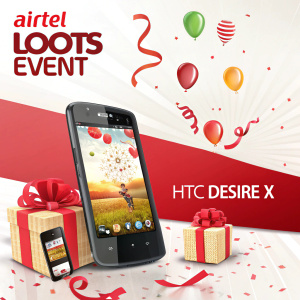 Facebook ad for Airtel Loots Event. Vibrant design with HTC Desire X smartphone front and center. Festive graphics of other products. Text highlights event details and exclusive offers. Promotional feel.