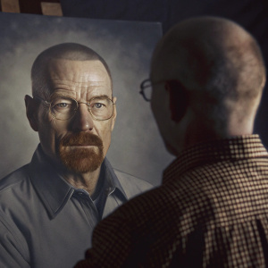 Walter White, the iconic character from Breaking Bad, depicted in a realistic black and white pencil sketch. The portrait captures the intricate details of his face, including the subtle shading and textures that bring depth to his skin and facial features. The sketch portrays a neutral expression.