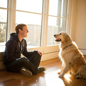 Mark Zuckerberg with his pet dog. The dog is a fluffy golden retriever. Zuckerberg is sitting on a wooden floor, wearing a casual hoodie. The room is brightly lit with sunlight pouring in through a large window.