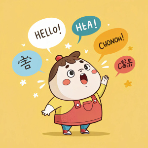 A chubby, surprised cartoon character with speech bubbles in various languages. Set against a solid yellow backdrop.
