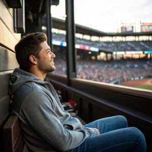 Travis d'Arnaud, baseball player, in the dugout of a stadium, wearing casual attire. Grey sweatshirt and jeans. Crowd visible through window