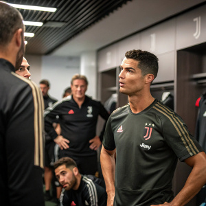 Cristiano Ronaldo in the locker room, wearing a Juventus training jersey. Focused expression, surrounded by other players and coaches.