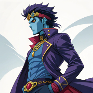 Jotaro Kujo from JoJo's Bizarre Adventure, with his distinctive blue shimmering skin, dark and elaborate hairstyle, and vibrant colors of blue, purple, gold, and red. Determined expression.
