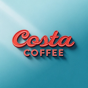 Modern logo design for Costa Coffee. Bold, cursive font in bright red against a soothing blue gradient background.