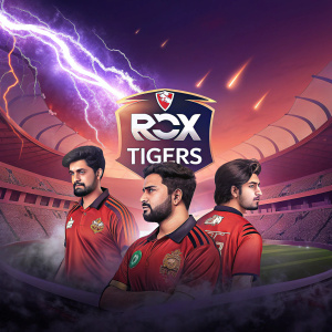 Promotional image featuring esports team ROX Tigers. Athletes in red jerseys with sponsor logos. Vibrant stadium background.