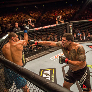 Antonio 'Bigfoot' Silva and Frank Mir in a heated MMA bout. Octagon ring, spectators cheering.