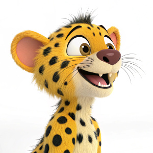 3D rendering of a cartoon marsupilami, smiling and playful. The character has a leopard-like appearance with mostly yellow fur and black spots. Solid white background