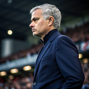 Jose Mourinho, serious look, wearing a navy suit. Indoor event with crowd visible. Focus on face, blurry background.