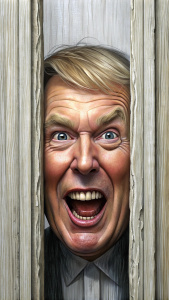 a cartoon caricature of an image depicting Donald Trump as Jack Nicholson's character from 'The Shining' in the classic scene where he says 'Here's Johnny!' Replace Jack Nicholson with Donald Trump, but keep the iconic expression, the disheveled hair, and the crazed look in his eyes. Trump should be bursting through a wooden door with splintered wood around his face. The background should remain true to the eerie and unsettling atmosphere of the movie scene, white background