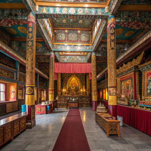 Photograph of Dubdi Monastery's interior. Located in Yuksom, Sikkim, India. Richly adorned with detailed carvings, vibrant fabrics, and gleaming gold accents. Serene yet opulent setting.
