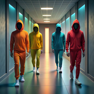 4 personas con de cuerpo entero con rostros definidos unas más adelante y otras más atrás caminando por un pasillo de frente luciendo un hoddie de color negro blanco azul naranja rojo