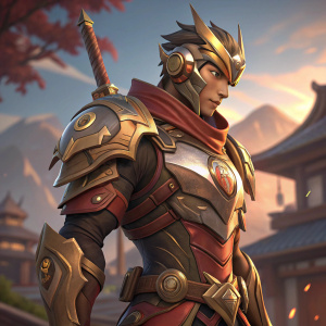 Digital art of Genji from Overwatch. Wearing Pacific All-Star Highpoly skin. Intricate metallic armor in shades of brown and gold. Vibrant fiery red skin tone.