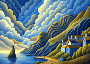 3 color lino print in style of Bryan Angus,Crovie Harbour looking North,blue gray and black and white,Cumulus cloud,wide angle view