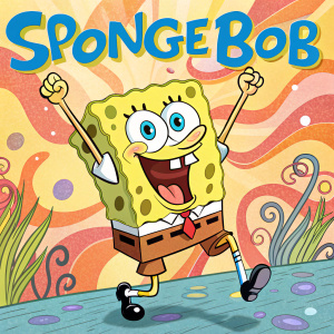 Illustration of SpongeBob SquarePants. Brightly colored abstract pattern background. Title in vibrant font