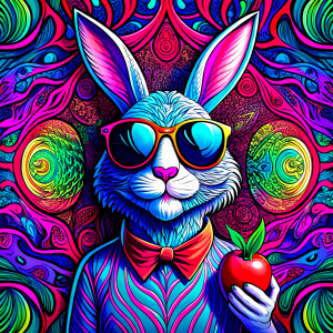 Rabbit in dark  sunglasses eat apple, walking, laughing and waving, 