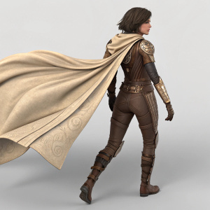Digital illustration of a character inspired by Alita from 'Alita: Battle Angel', rendered in 3D. Depicting the character from the back, showcasing her brown outfit with a flowing beige-like cape. The background is a plain, neutral grey. Emphasize the detailed design of the outfit and the dynamic flow of the cape.